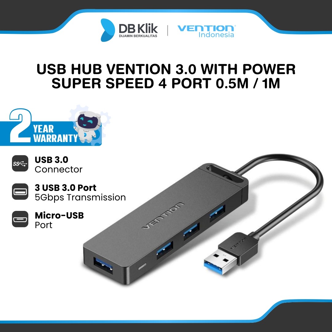 USB Hub Vention 3.0 With Power Super Speed 4 Port 0.5M / 1M - USB Hub 4 Port Black CHLBD / CHLBF