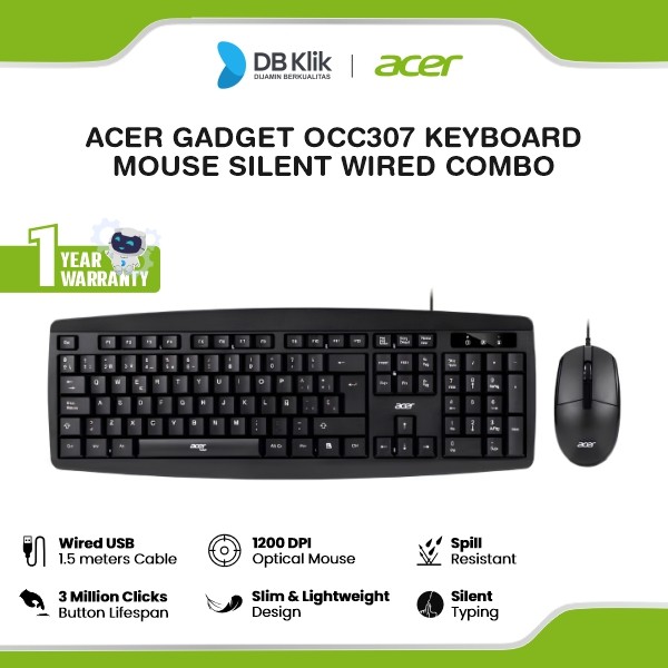 Acer Gadget OCC307 Keyboard Mouse Silent Wired Combo