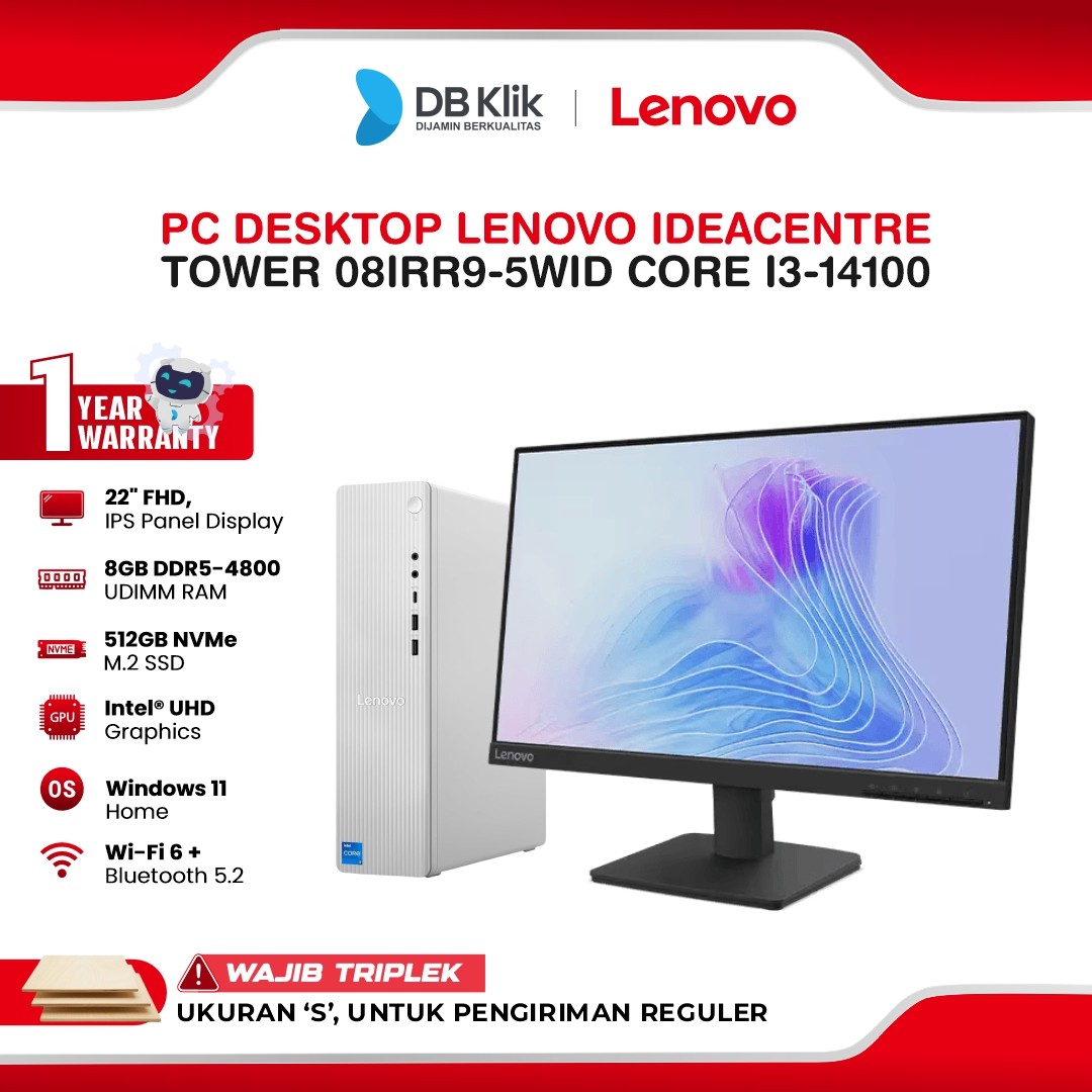 PC Desktop Lenovo IdeaCentre Tower 08IRR9-5WID INTEL Core i3-14100 8GB DDR5/512GB M.2 NVMe INTEL UHD Windows 11 Home With Monitor L22-4e 22" FHD IPS