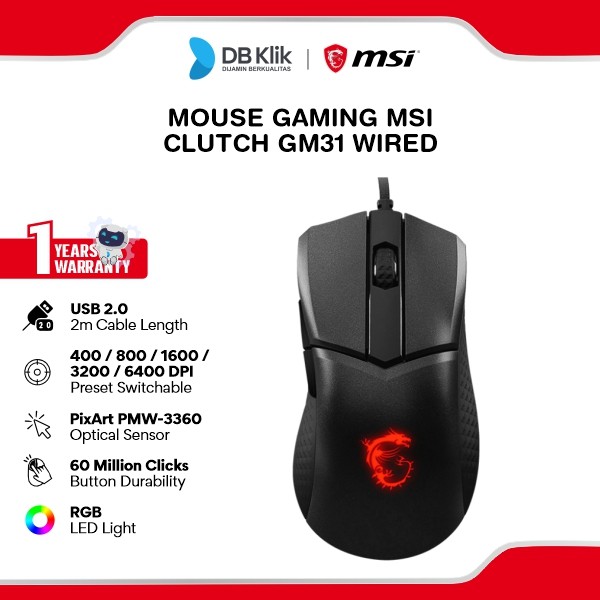 Mouse Gaming MSI Clutch GM31 Lightweight Wired 6400Dpi - MSI GM 31