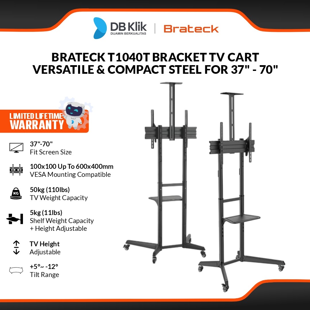 Brateck T1040T Bracket TV Cart Versatile & Compact Steel for 37" - 70"