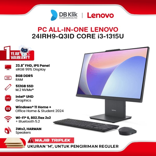 Lenovo 24IRH9-Q3ID PC AIO INTEL Core i3-1315U 8GB DDR5/512GB M.2 NVMe Windows 11 Home + Microsoft Office Home Student 2024 23.8" FHD IPS - Luna Grey