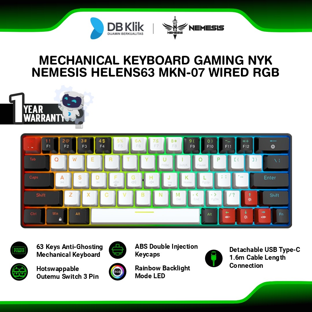 Keyboard Gaming Mechanical NYK Nemesis HELENS63 MKN-07 Wired RGB White Black