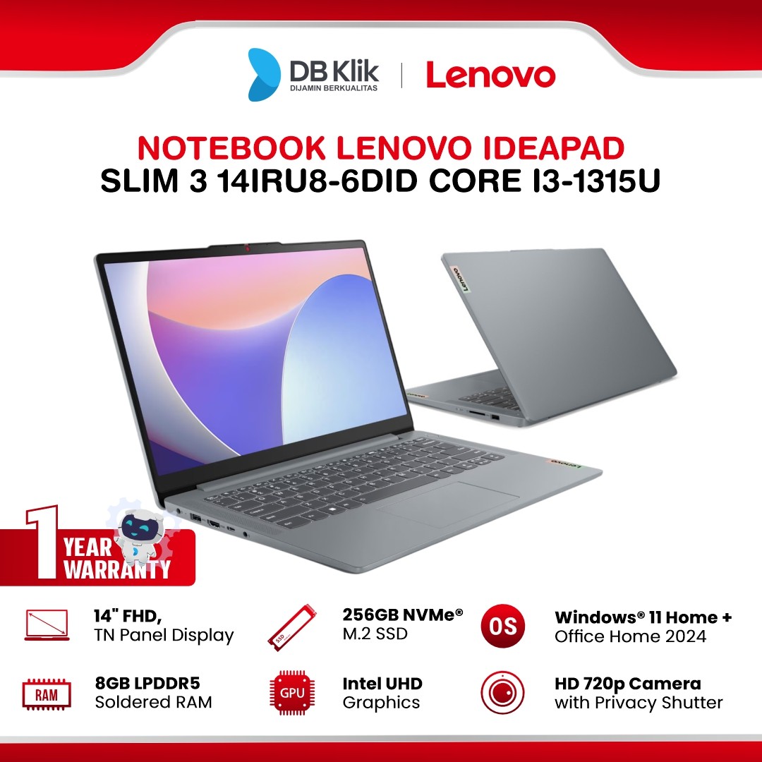 Notebook LENOVO Ideapad Slim 3 14IRU8-6DID INTEL Core i3-1315U 8GB DDR5/256GB M.2 NVMe INTEL UHD  Windows 11 Home + Microsoft Office Home Student 2024 14" FHD - Arctic Grey