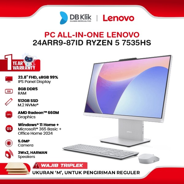 Lenovo PC AIO 24ARR9-87ID AMD Ryzen 5 7535HS 8GB DDR5/512GB M.2 NVMe AMD Radeon Windows 11 Home + Office Home Student 2024 23.8" FHD IPS - Cloud Grey