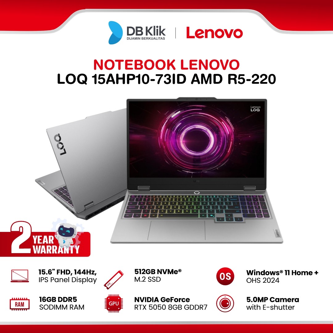 Notebook Lenovo LOQ 15AHP10-73ID AMD R5-220 16GB DDR5/512GB M.2 NVMe NVIDIA GeForce RTX 5050 8GB Windows 11 Home + Office Home Student 2024 15.6" FHD IPS - Luna Grey