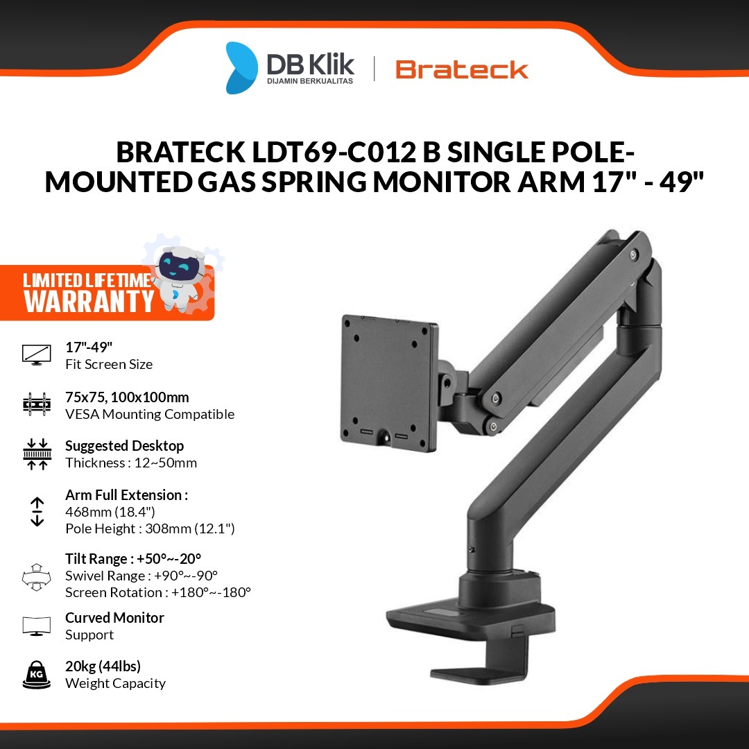 Brateck LDT69-C012 Bracket Monitor Single Pole-Mounted Gas Spring Monitor Arm for 17" - 49"