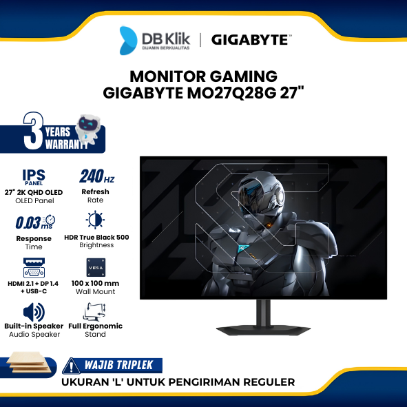 Monitor Gaming GIGABYTE MO27Q28G 27" 2K QHD OLED 280Hz 0.03ms NVIDIA G-Sync HDR True Black 500 Built in Speaker Full Ergonomic Stand HDMI DP USB-C