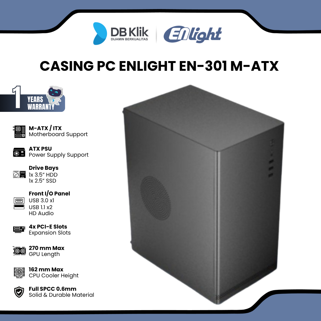Casing PC ENLIGHT EN-301 M-ATX Pre-Installed 1 Fan + PSU 300W - Black