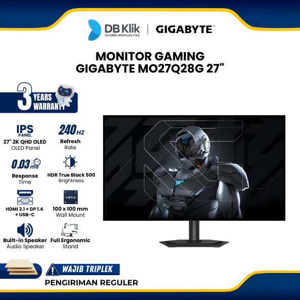Monitor Gaming GIGABYTE MO27Q28G 27" 2K QHD OLED 280Hz 0.03ms NVIDIA G-Sync HDR True Black 500 Built in Speaker Full Ergonomic Stand HDMI DP USB-C