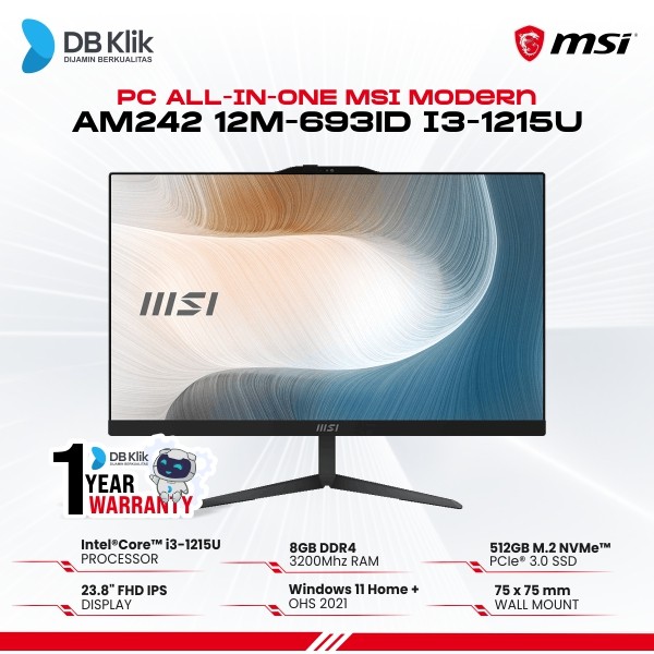 Pc Aio Msi Modern AM242 12M-693ID i3-1215U 8/512GB 23,8" Win Ohs
