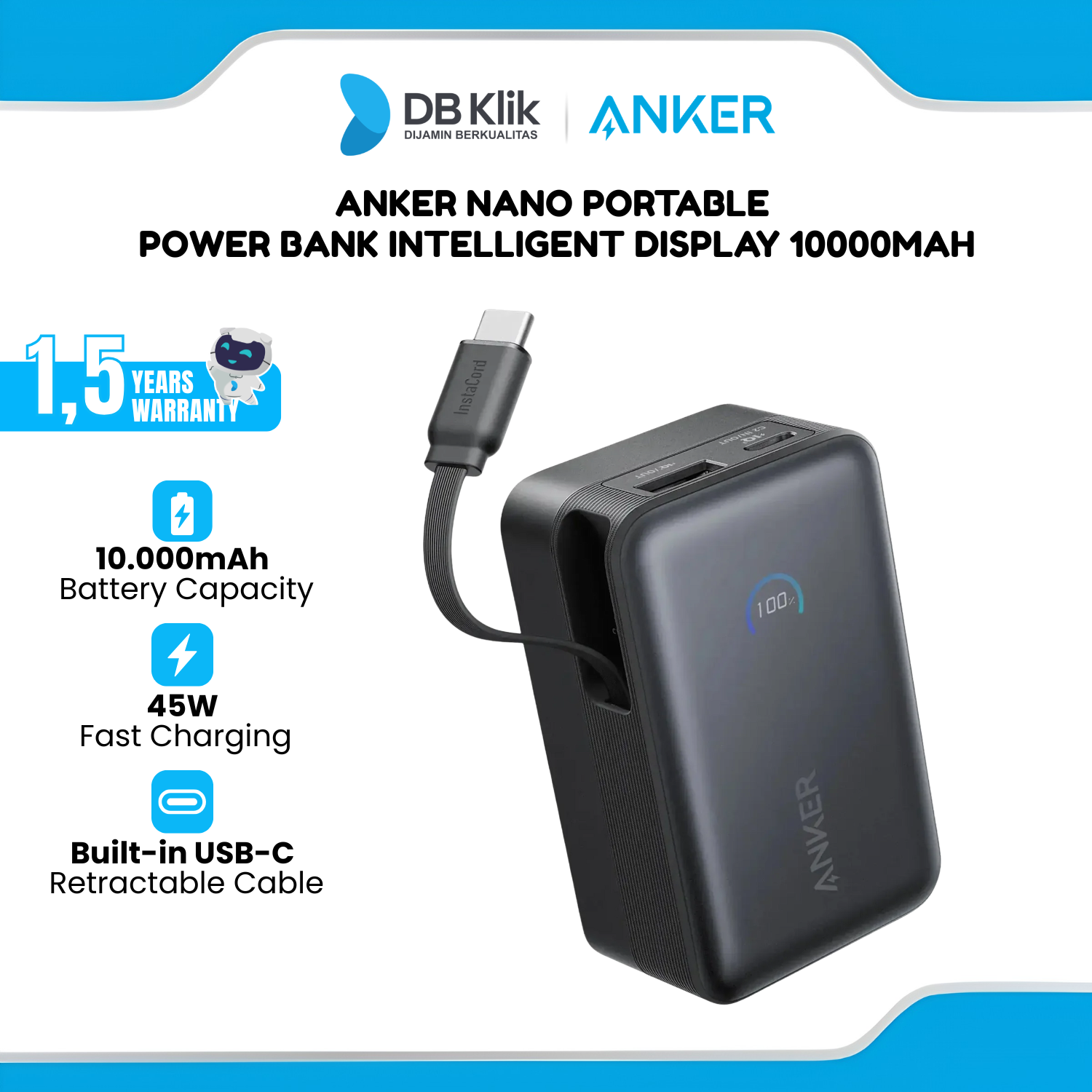Anker Nano Portable Power Bank Intelligent Display 10000mAh 45W Built in Retractable USB-C Cables - Black (A1638H11)