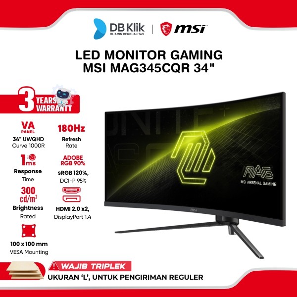 LED Monitor Gaming MSI MAG345CQR 34" VA 2K 180Hz Curved 1000R 1ms Adaptive Sync HDMI DP