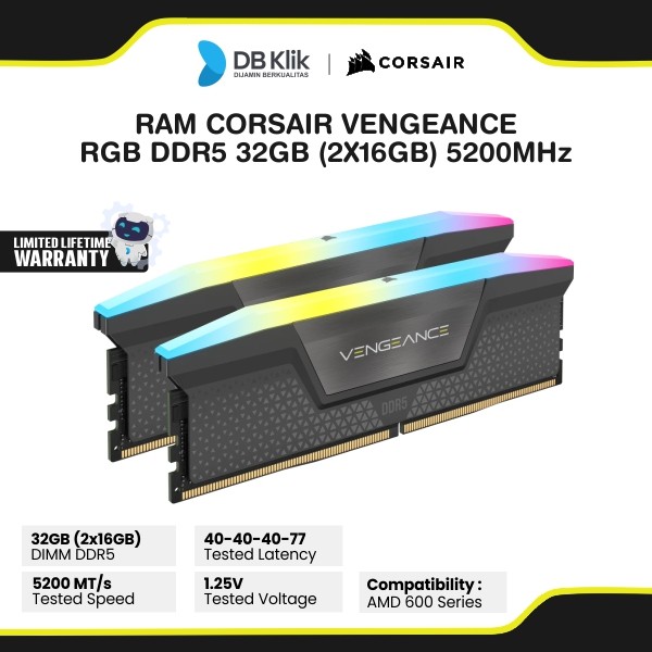 Memory RAM Corsair Vengeance RGB DDR5 32GB (2X16GB) DRAM 5200MHz - Black CMH32GX5M2B5200Z40K