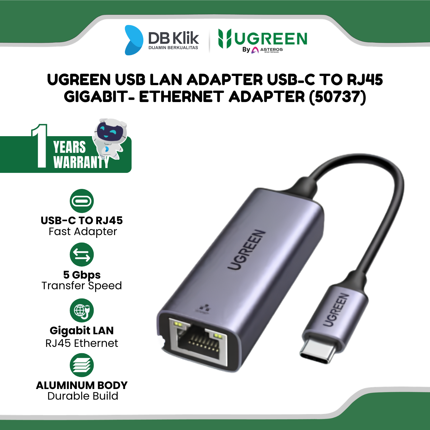 USB LAN Adapter UGreen USB-C to RJ45 Gigabit- Ethernet Adapter (50737)