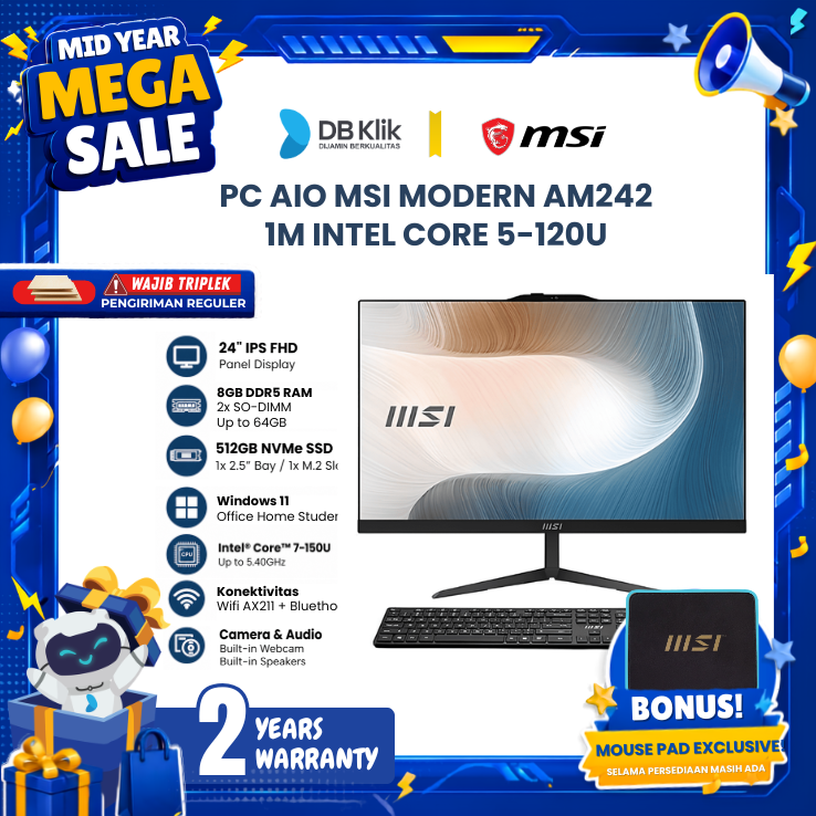 PC AIO MSI MODERN AM242 1M INTEL Core 5-120U 8GB DDR5/512GB M.2 NVMe INTEL Iris Xe Graphics Windows 11 Home + Office Home Stundent 24" FHD IPS - Black