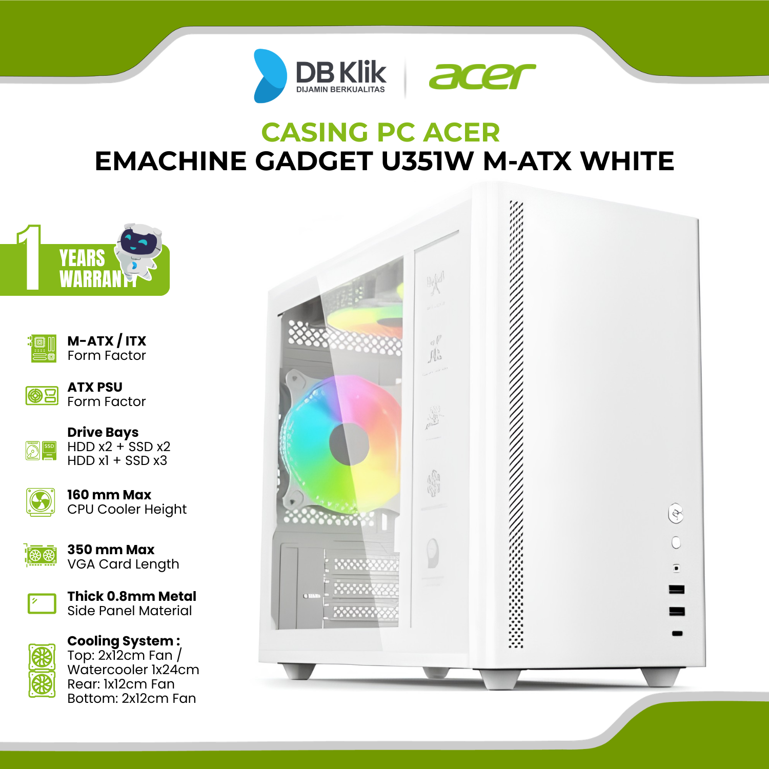 Casing PC Acer Emachine Gadget U351W m-Atx White - U351