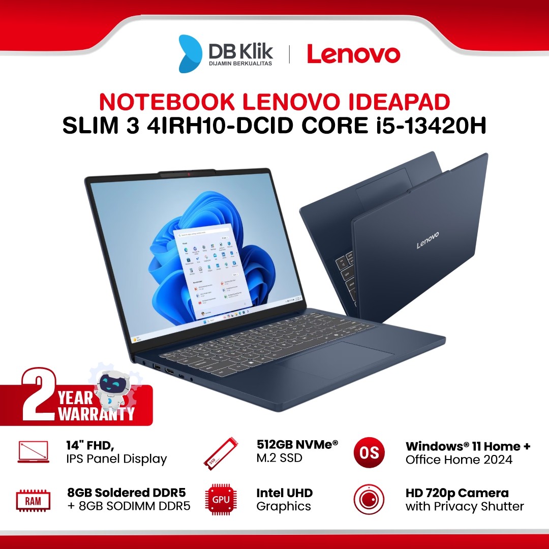 Notebook LENOVO Ideapad Slim 3 14IRH10-DCID INTEL Core i5-13420H 16GB DDR5/512 M.2 NVMe INTEL UHD Windows 11 Home + Microsoft Office Home Student 2024 14" FHD IPS - Cosmic Blue