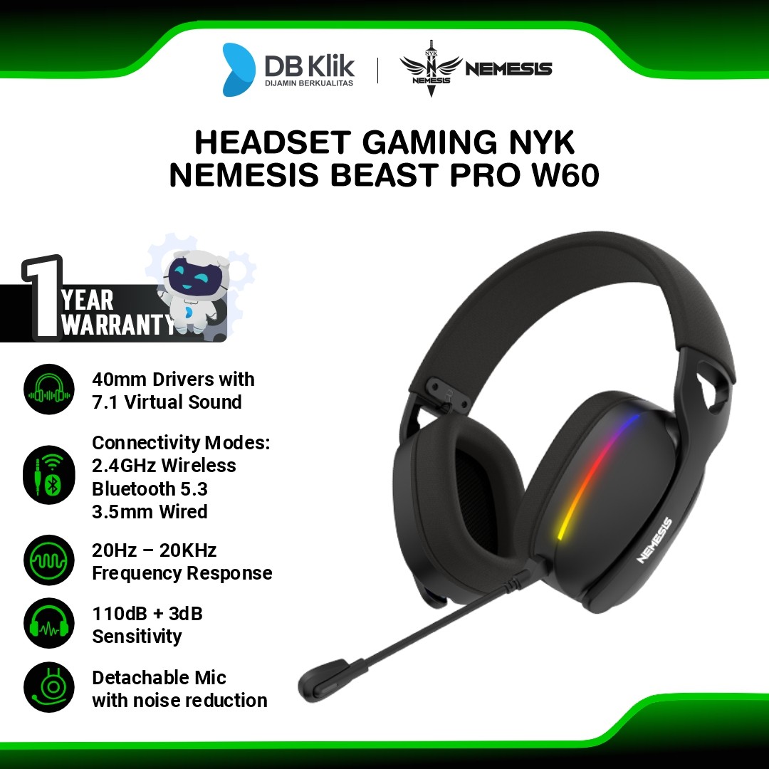 Headset Gaming NYK Nemesis BEAST PRO W60 7.1 Three Mode Connection RGB Rechargeable