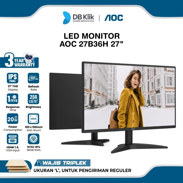 Led Monitor AOC 27B36H 27" Fhd 100Hz IPS 1ms AdaptiveSync Hdmi Vga