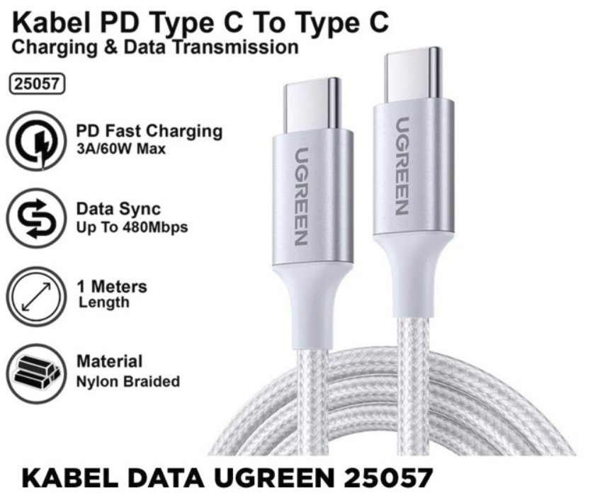 Kabel Charger UGreen Usb C to Usb C 60W/480Mbps Nylon 1M - White 25057
