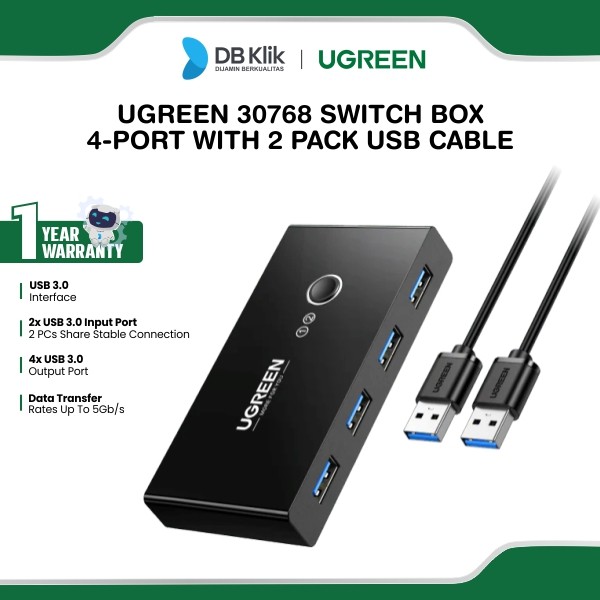 Switch Box UGreen USB 3,0 4-Port With 2 Pack USB Male Cable (30768)