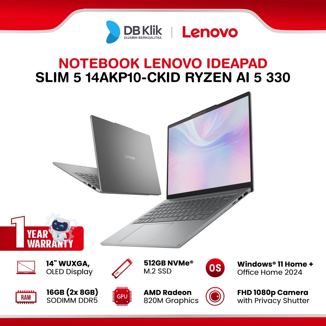 Notebook Lenovo Ideapad Slim 5 14AKP10-CKID AMD Ryzen AI 5 330 16GB DDR5/512GB M.2 NVMe AMD Radeon 820M Windows 11 Home + Microsoft Office Home Student 2024 14" OLED FHD - Luna Grey