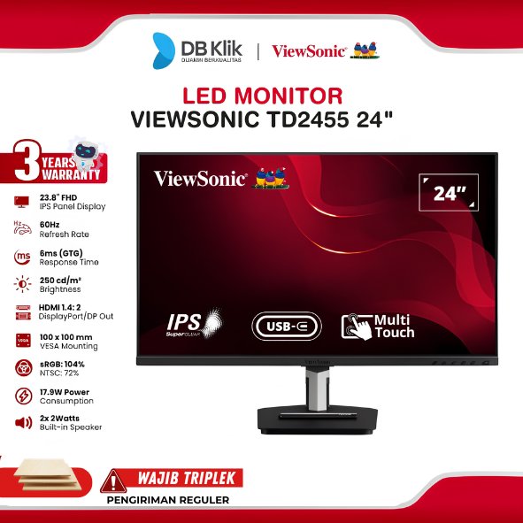 Monitor VIEWSONIC TD2455 24" FHD IPS 60Hz 6ms Built in Speaker HDMI DP USB B USB C