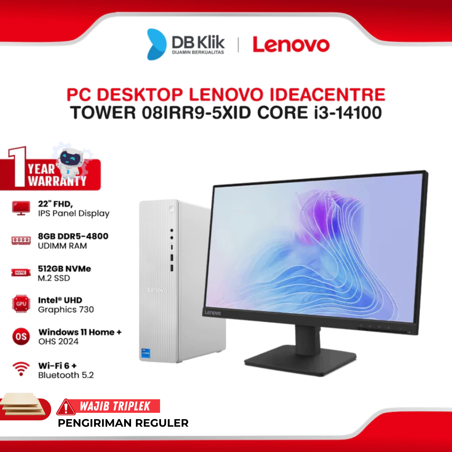 PC Desktop Lenovo IdeaCenter Tower 08IRR9-5XID INTEL Core i3-14100 8GB DDR5/512GB M.2 NVMe INTEL UHD Windows 11 Home + Microsoft Office Home Student 2024 With Monitor L22-4e 22" FHD IPS