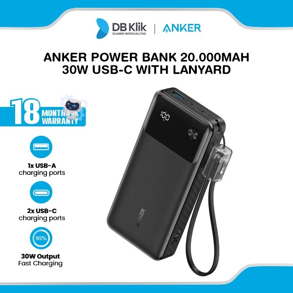 Anker Power Bank 20.000 mAh 30W Portable Charger with USB-C Lanyard - A1384