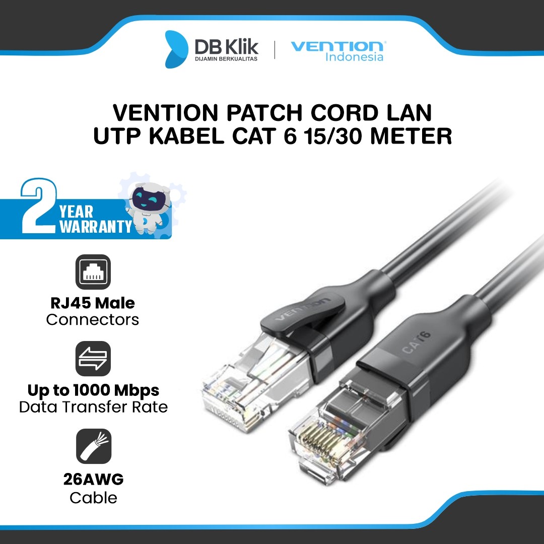 Vention Patch Cord LAN UTP Kabel Cat 6 Gigabit Ethernet RJ45 Male to Male - Black