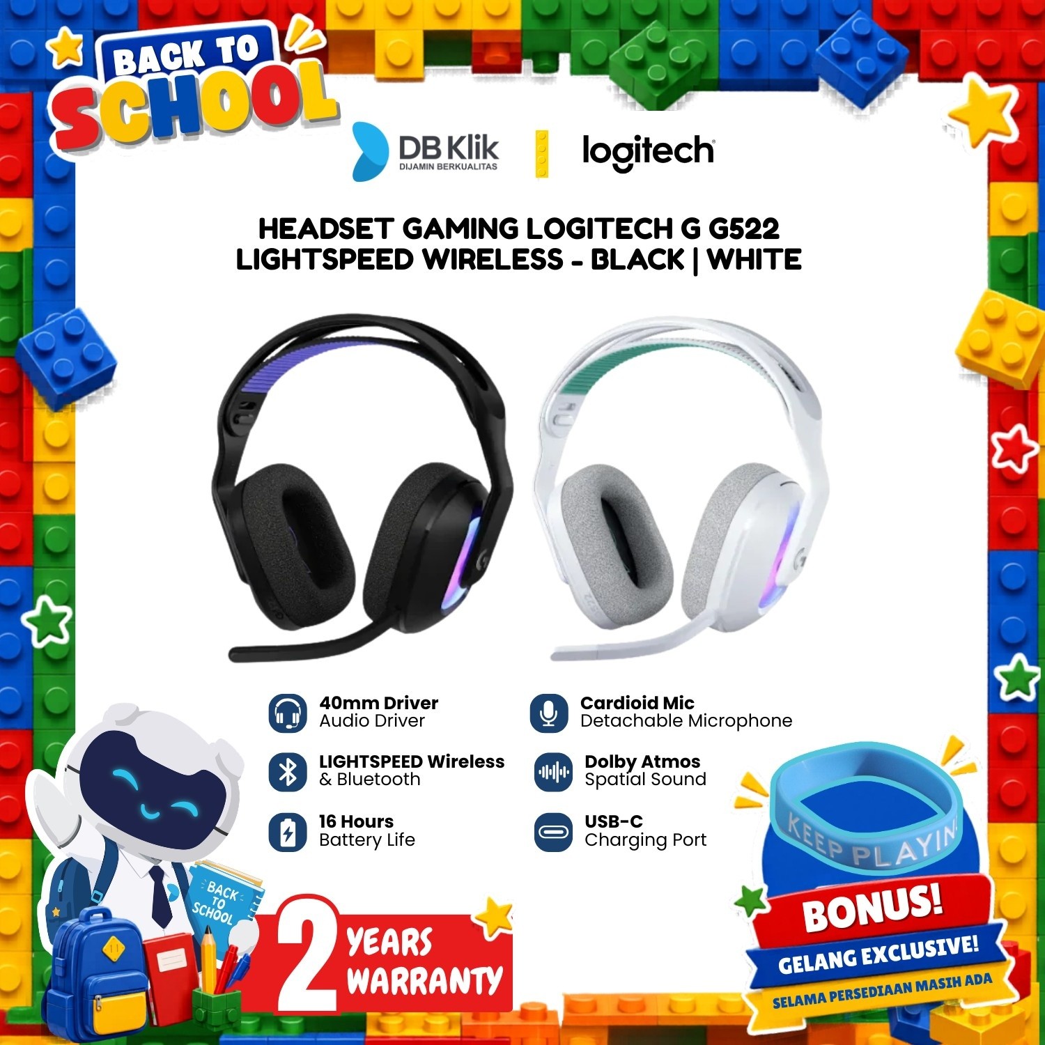 Logitech G G522 Headset Gaming Wireless Lightspeed Bluetooth Built in Microphone Lightsync RGB