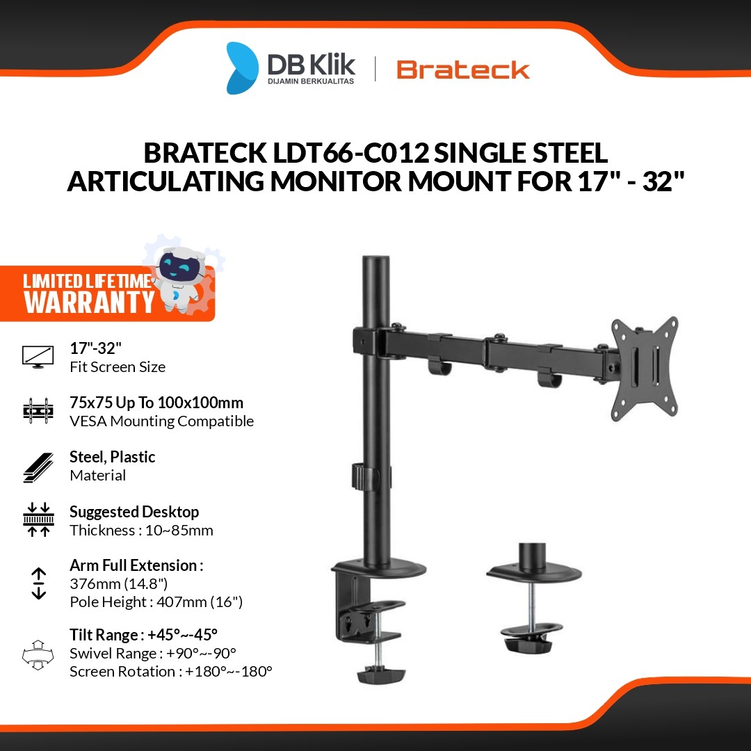 Brateck LDT66-C012 Bracket Monitor Single Steel Articulating Monitor Mount for 17" - 32"