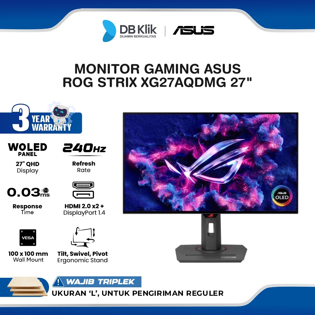 Monitor Gaming ASUS ROG Strix XG27AQDMG 27" WOLED 2K QHD 240Hz 0.3ms AMD FreeSync + NVIDIA G-Sync HDR10 Full Ergonomic Stand HDMI DP