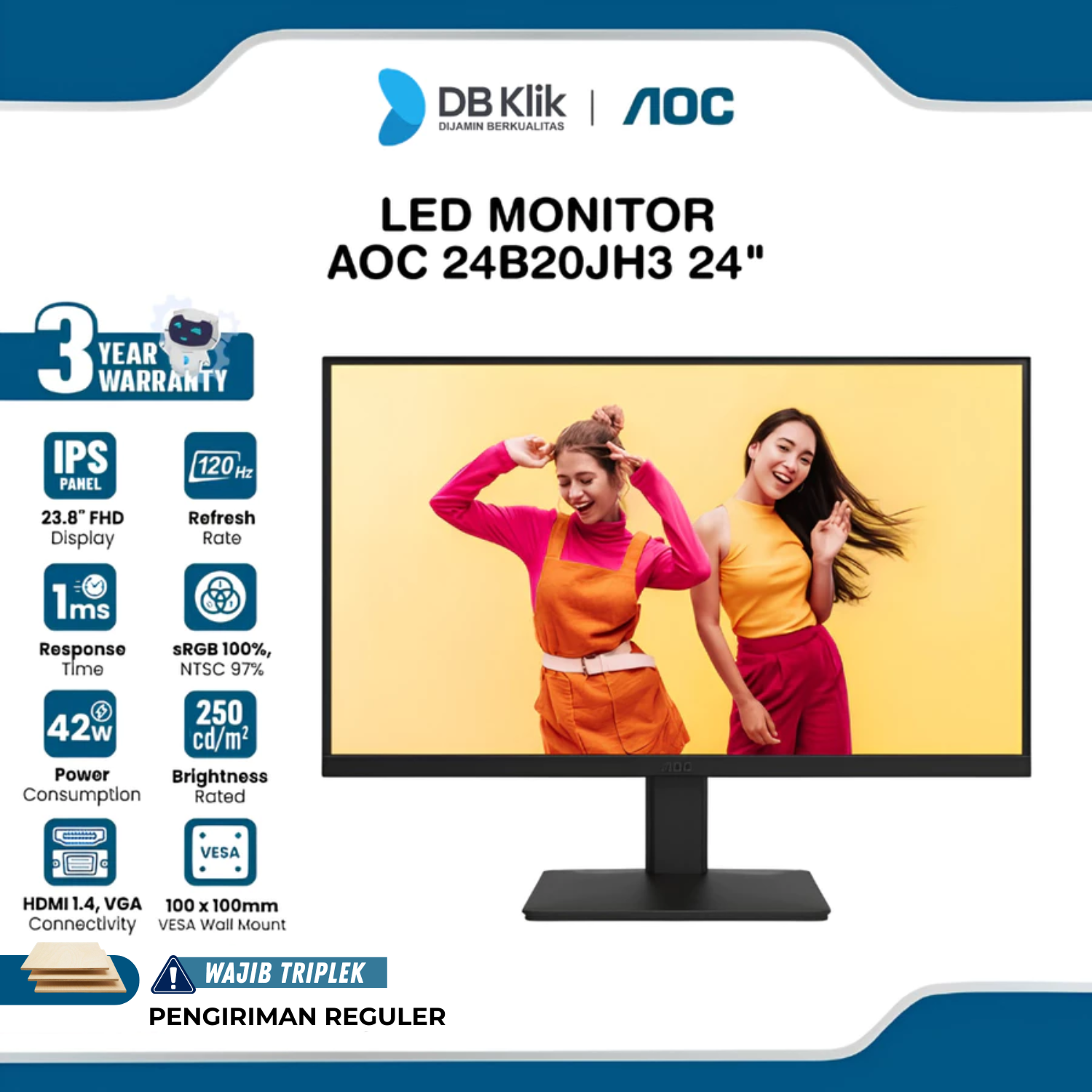 LED Monitor AOC 24B20JH3 24" IPS FHD 120Hz 1ms AdaptiveSync HDMI VGA