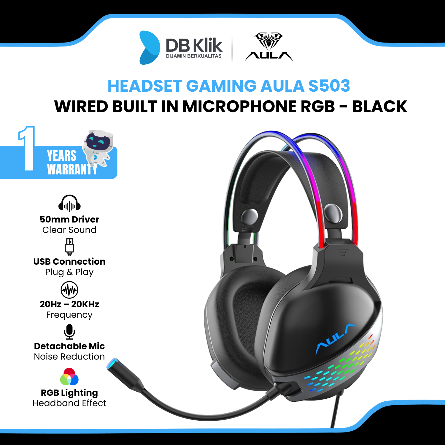 Headset Gaming AULA S503 Wired Built in Microphone RGB - Black