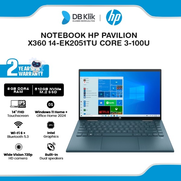 Notebook HP Pavilion x360 14-EK2051TU INTEL Core 3-100U 8GB DDR4/512GB M.2 NVMe Intel Graphics Windows 11 Home + Microsoft Office Home Student 2024 14" IPS FHD Touchscreen - Space Blue