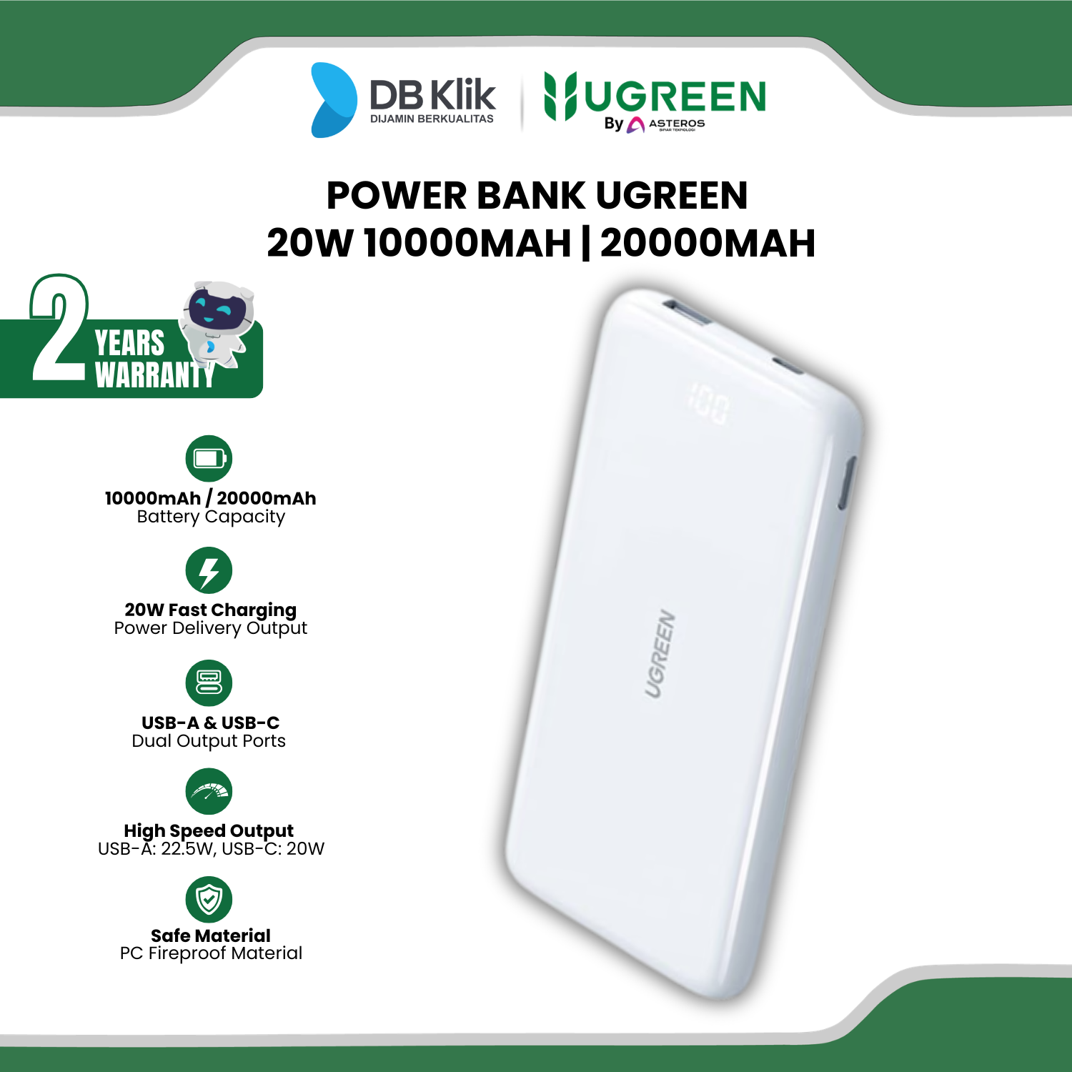 Power Bank UGreen 20W 10000mAh | 20000mAh included USB-C Cable CCC Certified