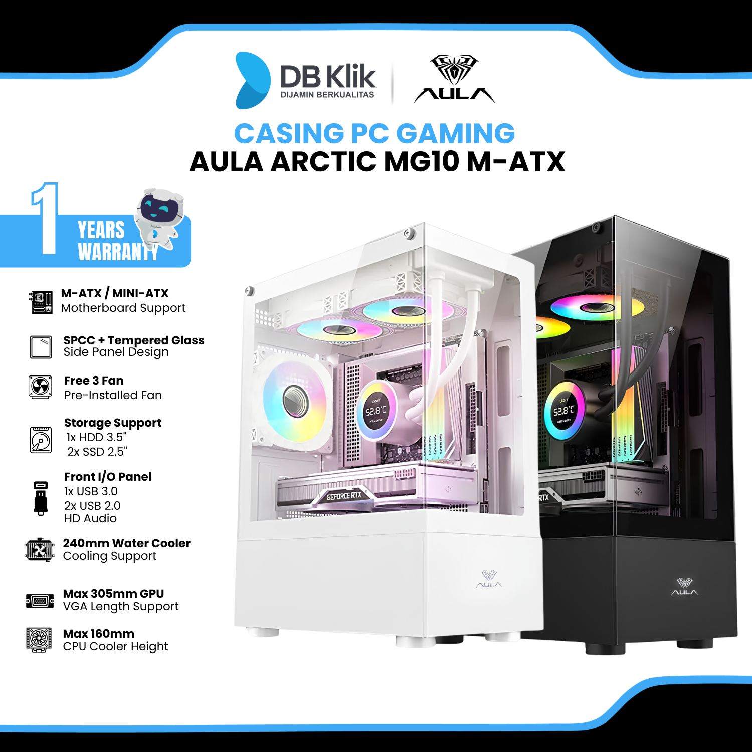 Casing PC AULA ARCTIC MG10 M-ATX (Pre-Installed 3 RGB Fan)