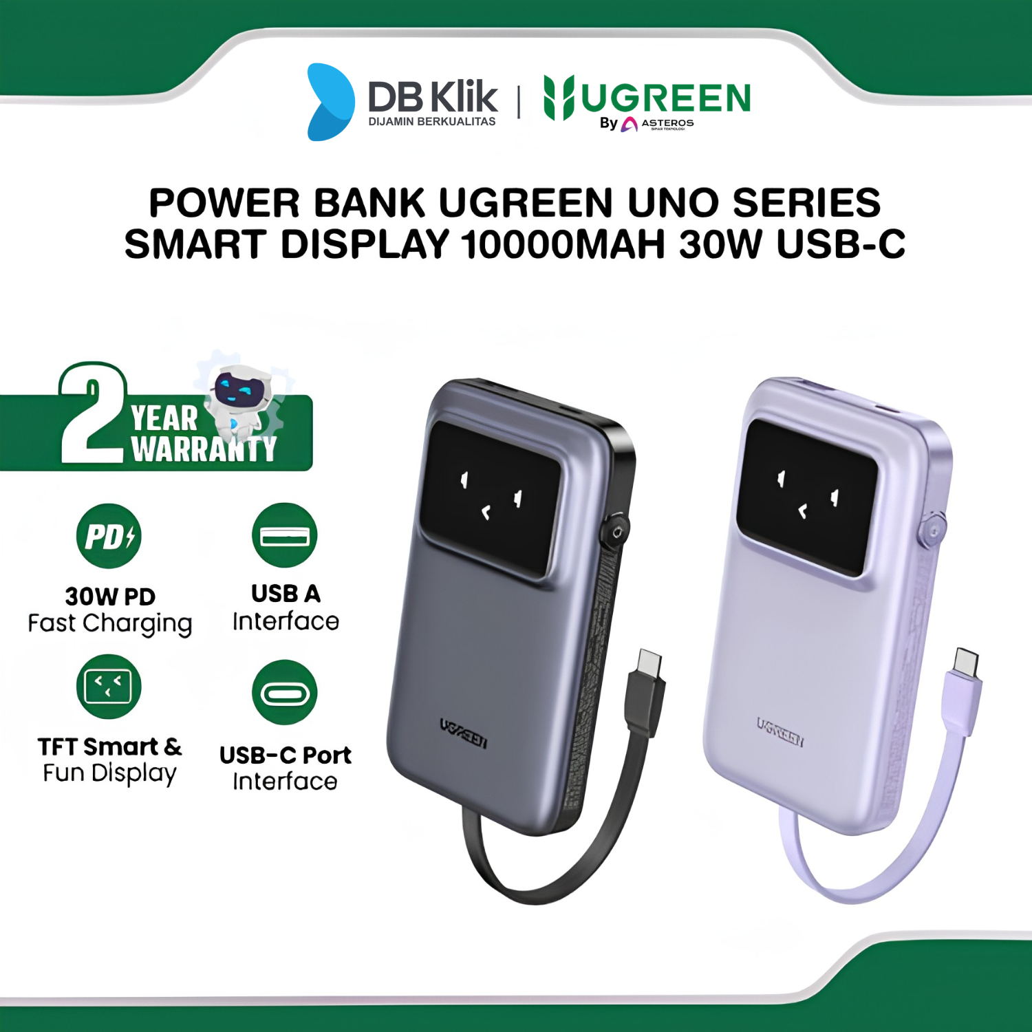 Power Bank UGreen UNO Series Smart Display 10000mAh 30W PD Fast Charging Built In USB-C Cable - Grey (35603B) / Purple (35604B)