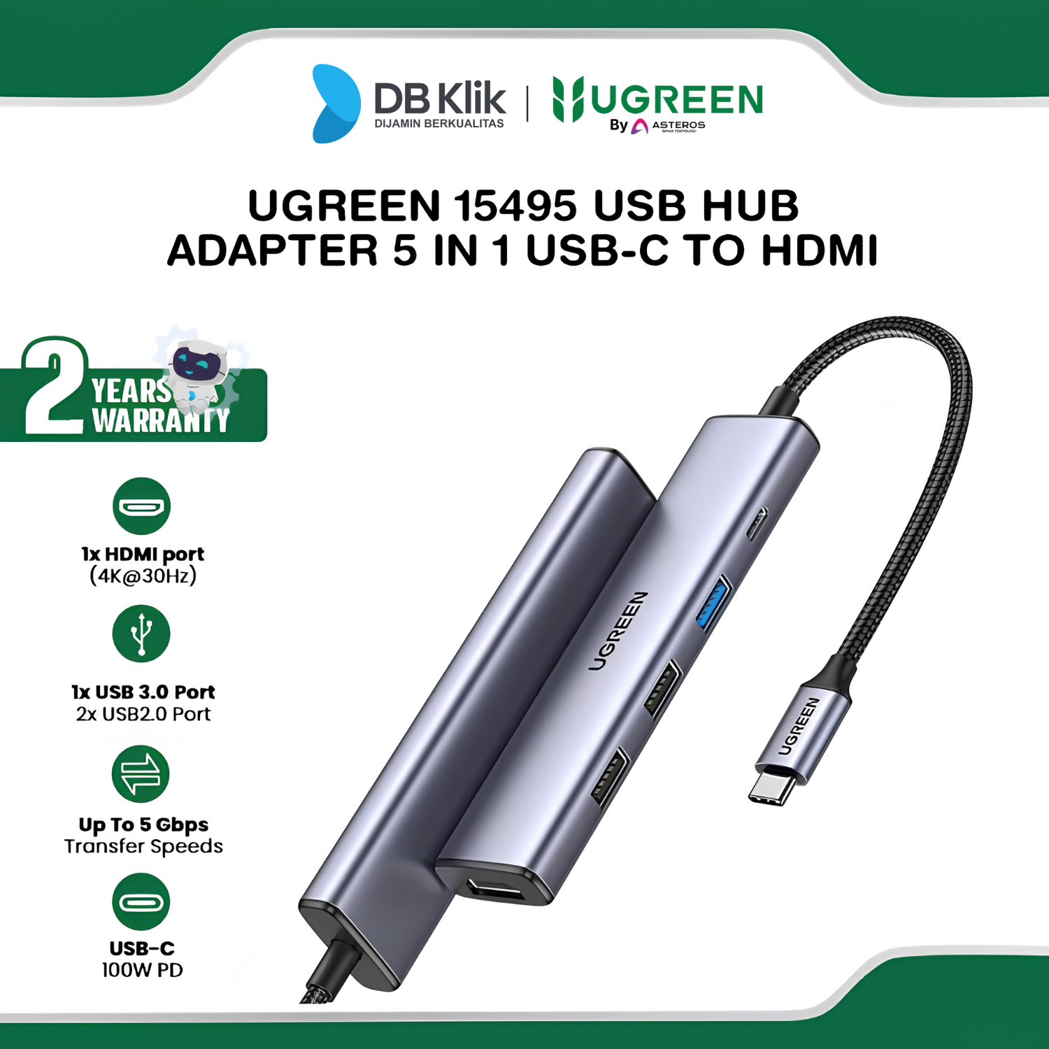 Usb Hub Adapter UGreen 5 In 1 Usb C to Hdmi 4k 30Hz Usb A Usb C PD 100w Fast Charging (15495)