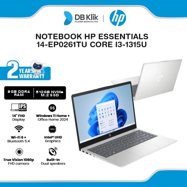 Notebook HP Essentials 14-EP0261TU INTEL Core i3-1315U 8GB DDR4/512GB M.2 NVMe INTEL UHD Windows 11 Home + Microsoft Office Home Student 2024 14" IPS FHD - Natural Silver