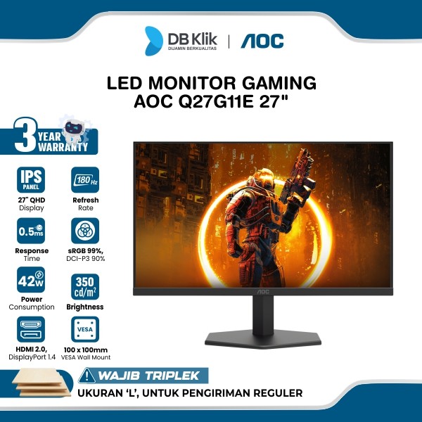 LED Monitor Gaming AOC Q27G11E 27" IPS 2K QHD 180Hz 0.5ms Adaptive Sync HDMI DP