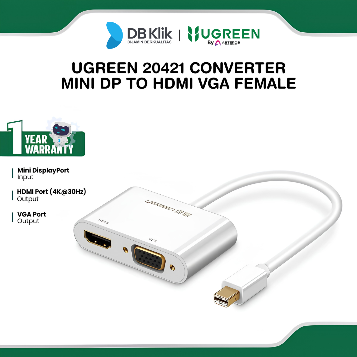 Converter UGreen Mini DP to Hdmi Vga Female - White (20421)