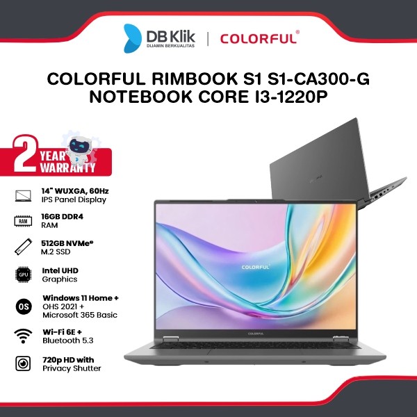 COLORFUL Rimbook S1 S1-CA300-G Notebook Core i3-1220P 16GB DDR4/512 M.2 NVMe INTEL UHD Windows 11 Home 14" WUXGA IPS - Grey