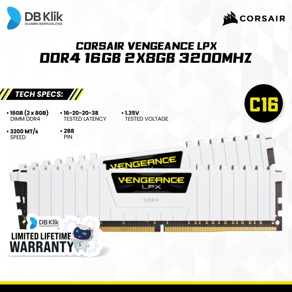 RAM CORSAIR VENGEANCE LPX DDR4 16GB 2X8GB 3200MHz CMK16GX4M2E3200C16W