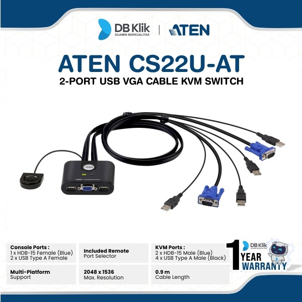 Aten CS22U-AT 2Port Usb Vga Cable KVM Switch with Remote Port Selector