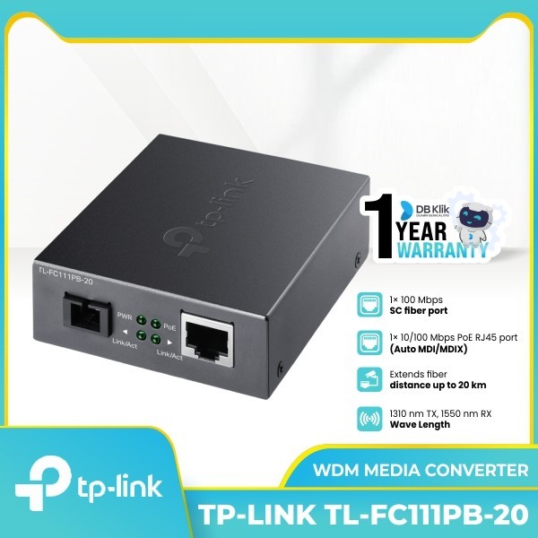 Wdm Media Converter TP-Link TL-FC111PB-20 With 1-Port PoE 10/100Mbps
