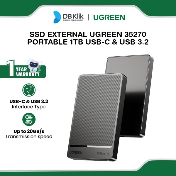 SSD External UGreen Portable 1TB USB-C & USB 3.2 High Speed Up to 20GBps - Gray (35270)