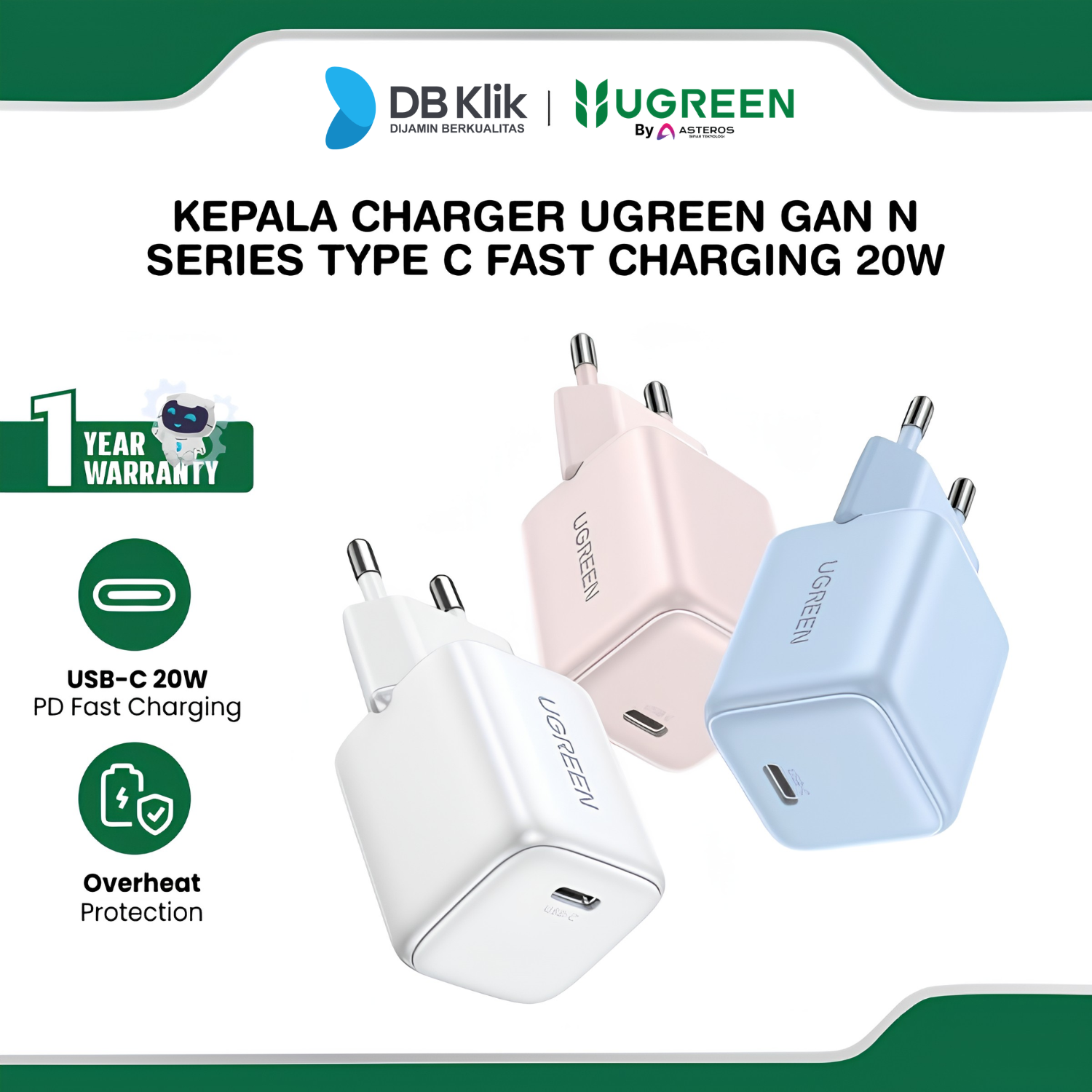 Kepala Charger UGreen GaN N Series Type C Fast Charging 20W PD - 55554 / 55555 / 55556